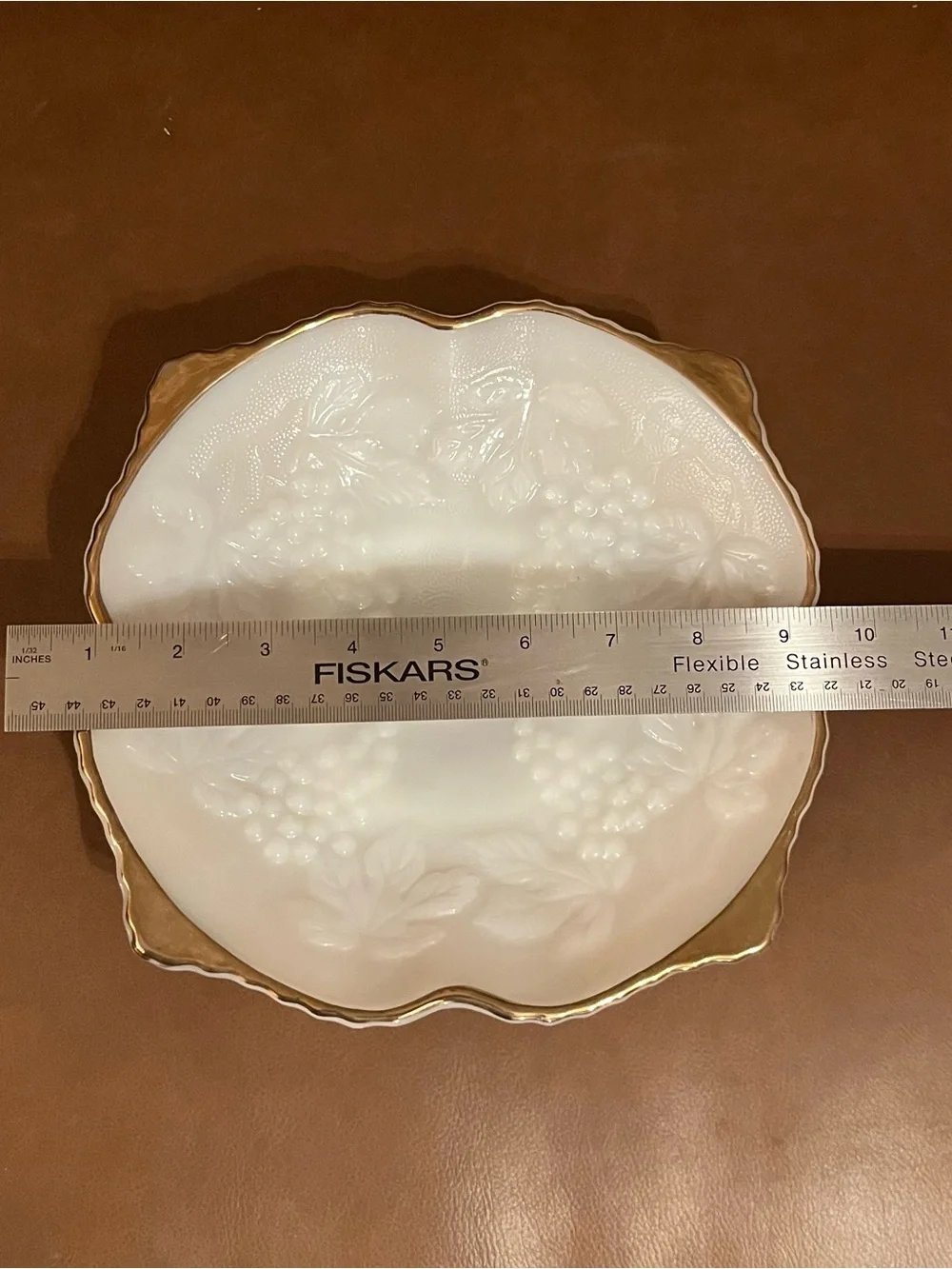 Footed  Milk Glass Serving Bowl with Embossed Grape & Leaf Pattern & Gold Trim